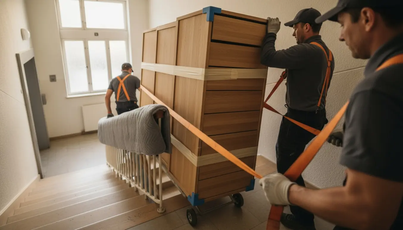 Flyttefolk bærer en delvist adskilt garderobe ned ad en lys trappeopgang med dolly og flyttetæpper.
