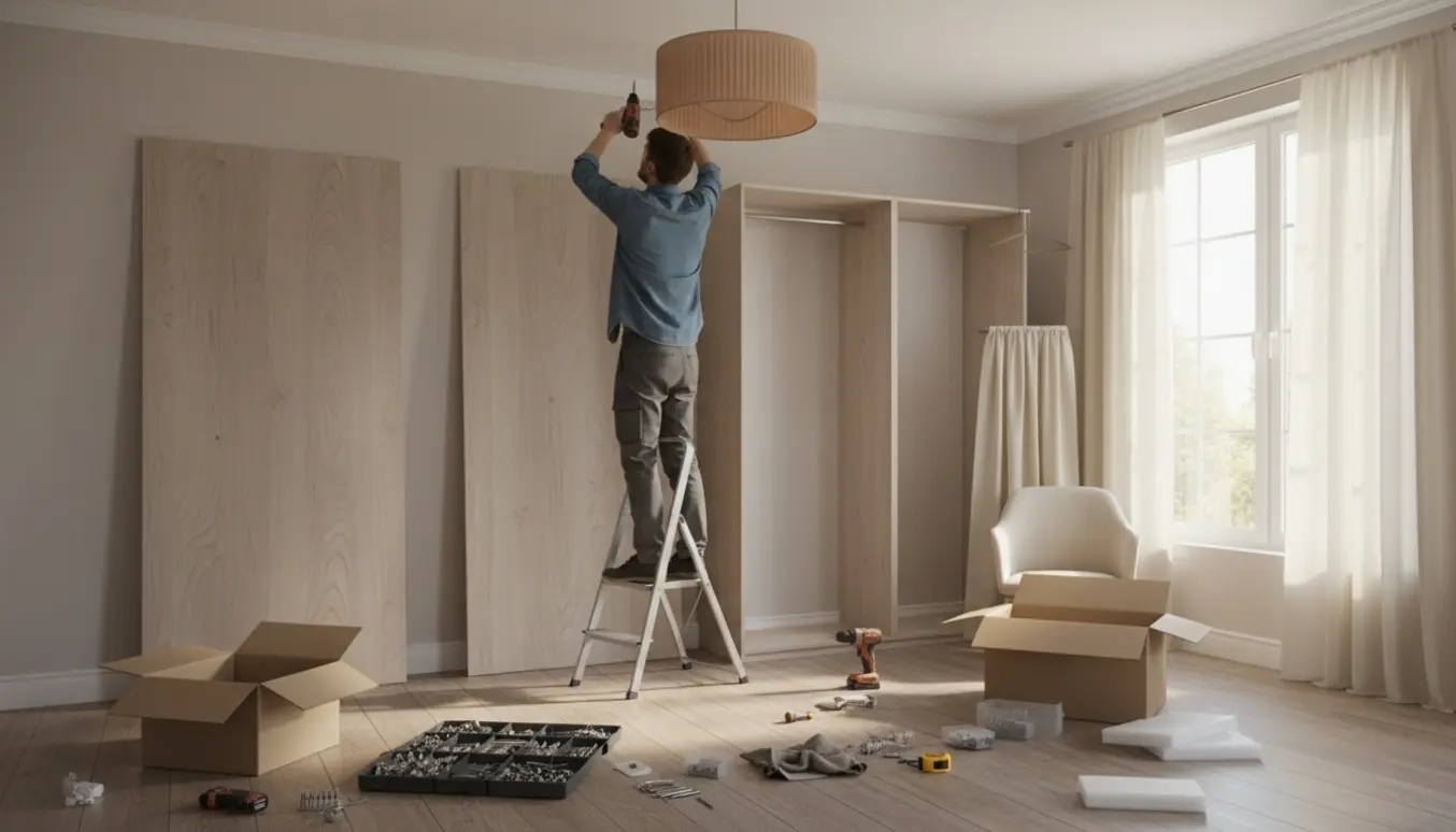 To halvbyggede garderober i et lyst soveværelse med værktøj, en person på en stige monterer en loftslampe, og gardinstænger hænges op ved vinduet.