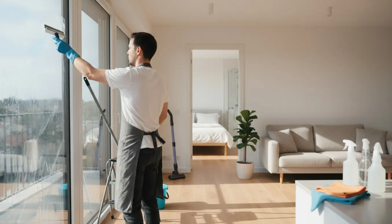Slutrengøring i en lys lejlighed med en person, der pudser vindue og rengøringsudstyr i forgrunden.
