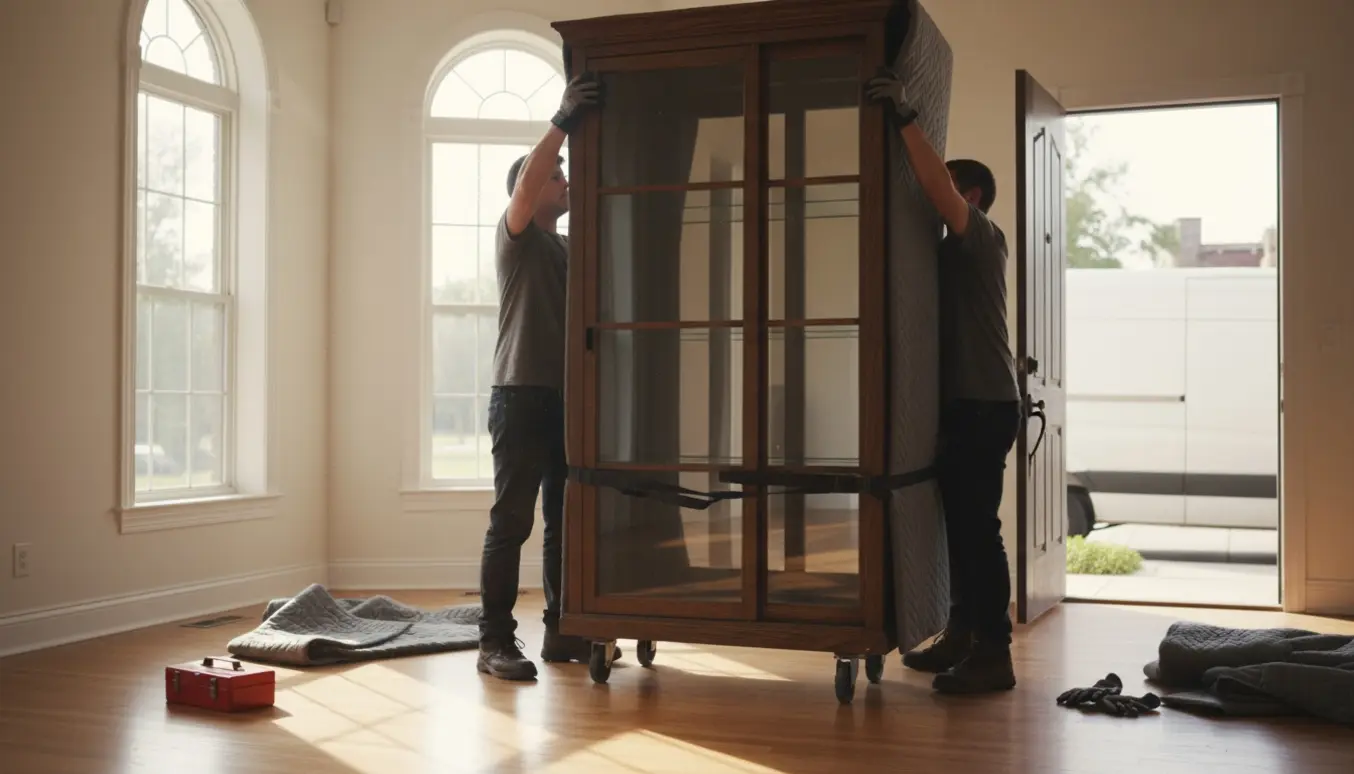 To personer bærer et tungt vitrineskab ind i et hus med høj stue, indpakket i flyttetæpper og sikret med remme.
