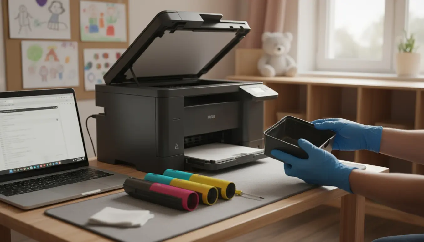 Nærbillede af hænder, der inspicerer en åben farvelaserprinter og holder en spildtonerbeholder ved siden af en tom indsats.
