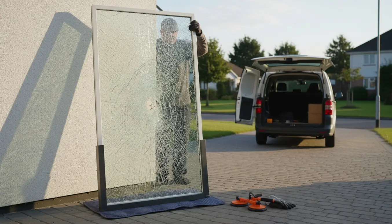 Ødelagt hærdet glasdør i indkørsel klar til afhentning med arbejdshandsker og beskyttelse.