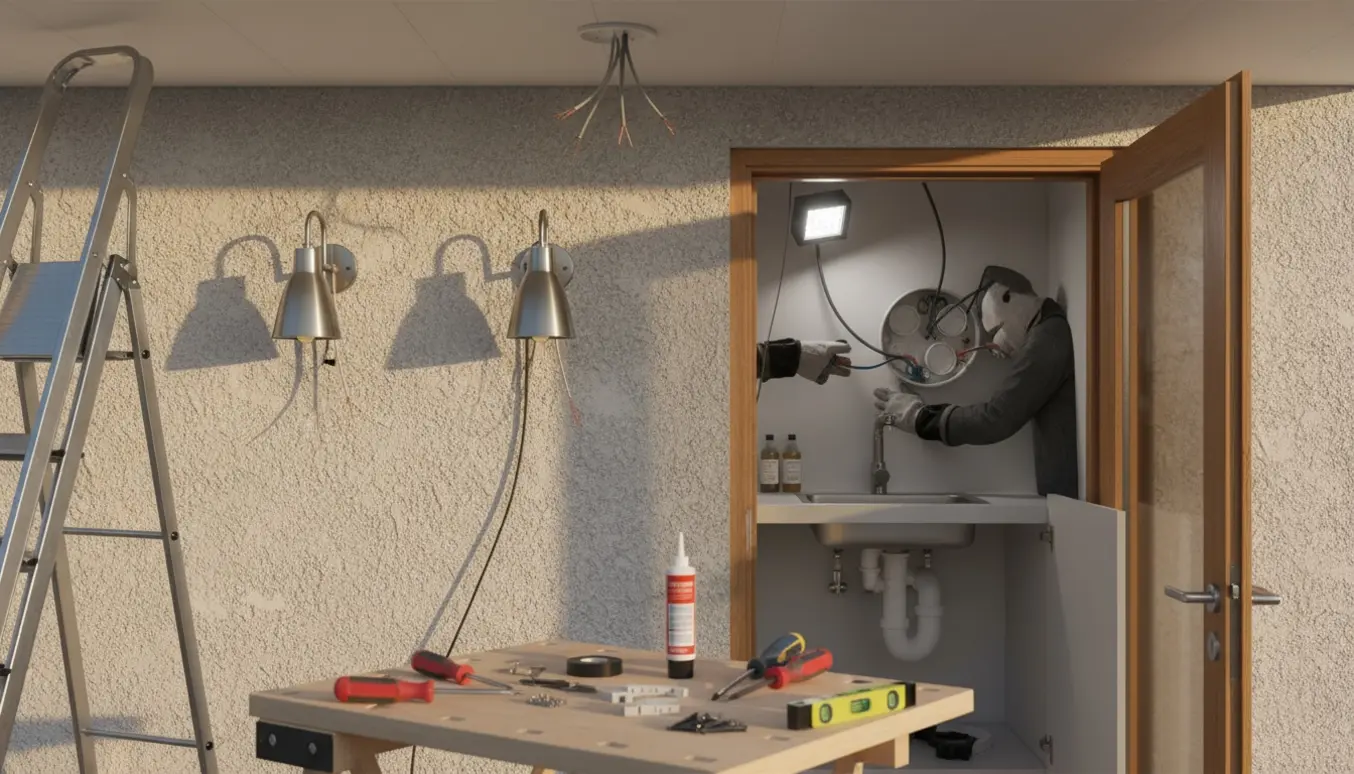 Hænder installerer en udendørsvæglampe på en mur, med åben skab under vasken og en loftsåbning med dåse i baggrunden.