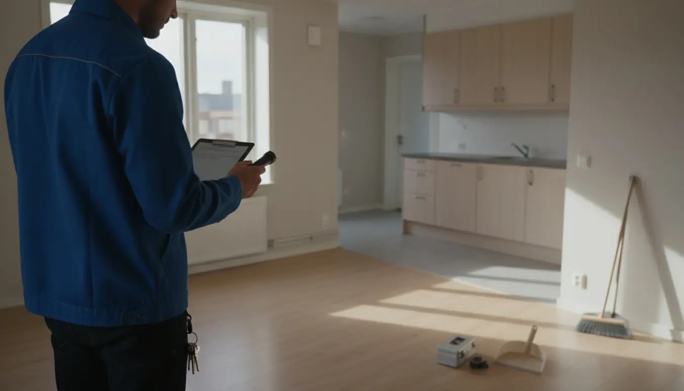 En visevært inspicerer en tom lejlighed ved ind- eller udflytning med blok, lommelygte og værktøj.