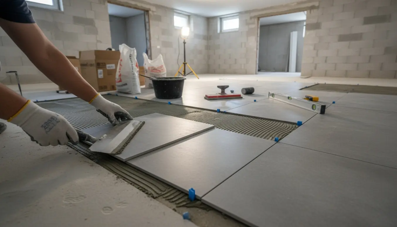 Nærbillede af lægning og fugning af 60×60 cm porcelænsfliser i en åben, tom kælder med værktøj og stakke af fliser.