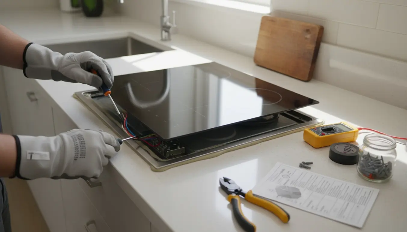 Nærbillede af en ny induktionskogeplade, der tilsluttes i et moderne køkken med hænder, værktøj og elektriske forbindelser.