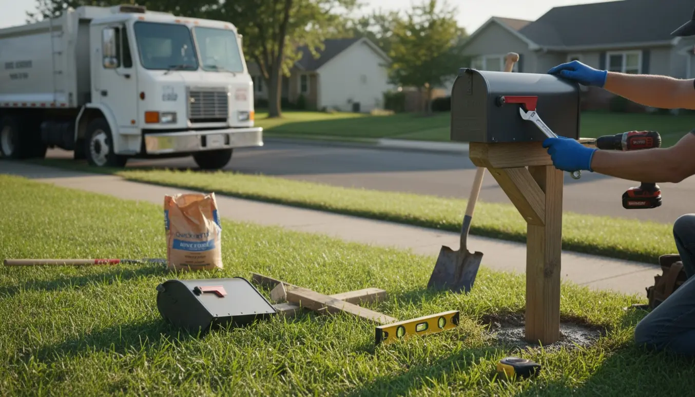 Hænder monterer en ny postkasse på et nyt stativ ved vejkanten, med den knækkede postkasse og en lastbil i baggrunden.