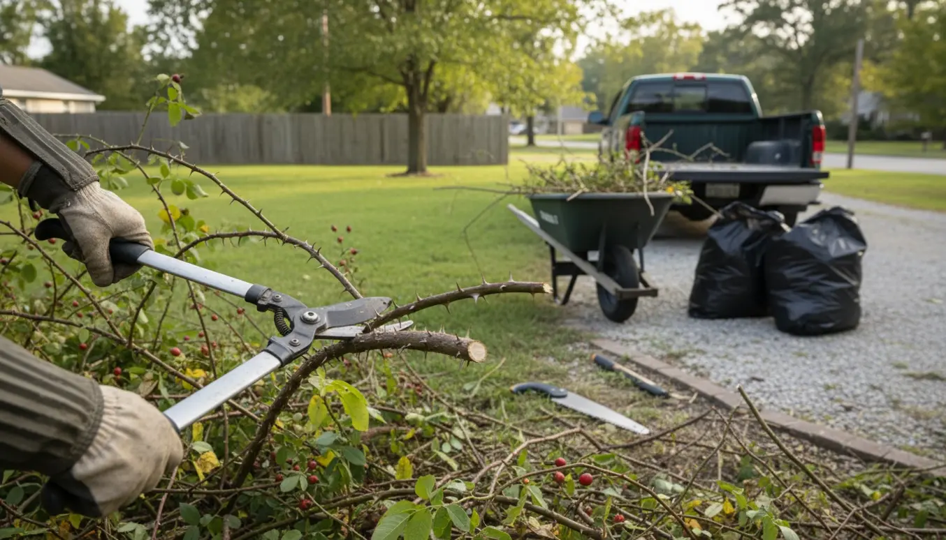 Hænder i handsker klipper tornede buske, med afskårne grene i en trillebør ved en villahave.
