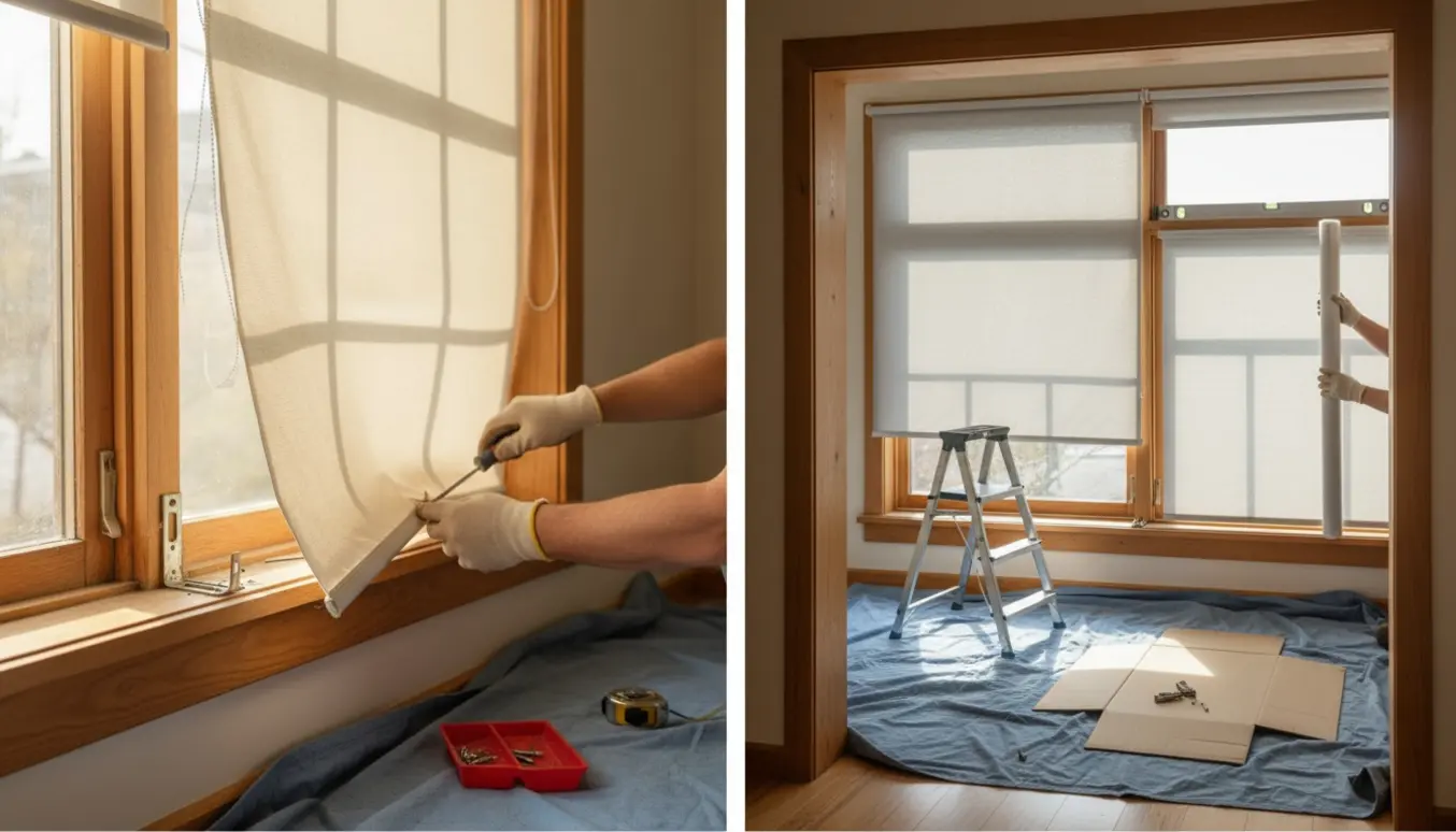 Hænder monterer nye rullegardiner i to tilstødende rum med værktøj og naturligt dagslys.