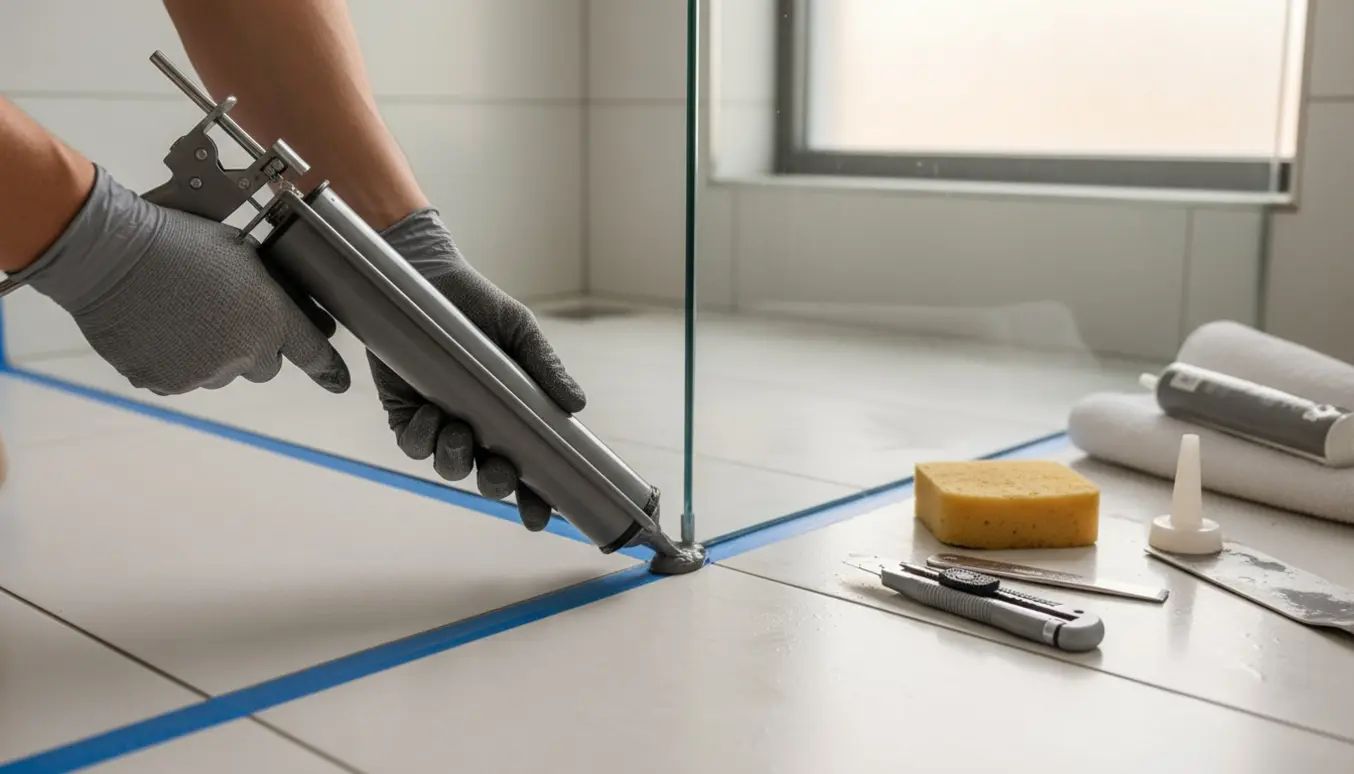 Nærbillede af hænder, der påfører grå silikone i hjørnet af en brusekabine.