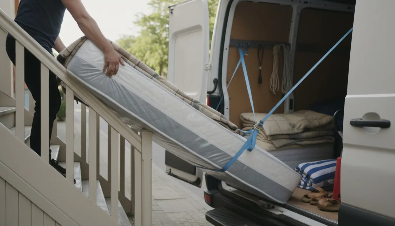 To personer læsser en stor madras ned ad trappen og ind i en varevogn på Østerbro.