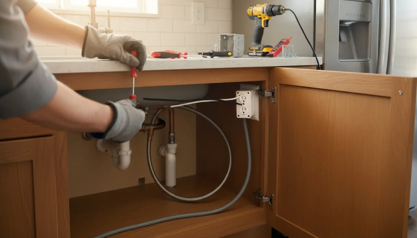 Hænder monterer et jordet el-stik under køkkenvasken og trækker et langt kabel mod køleskabet.