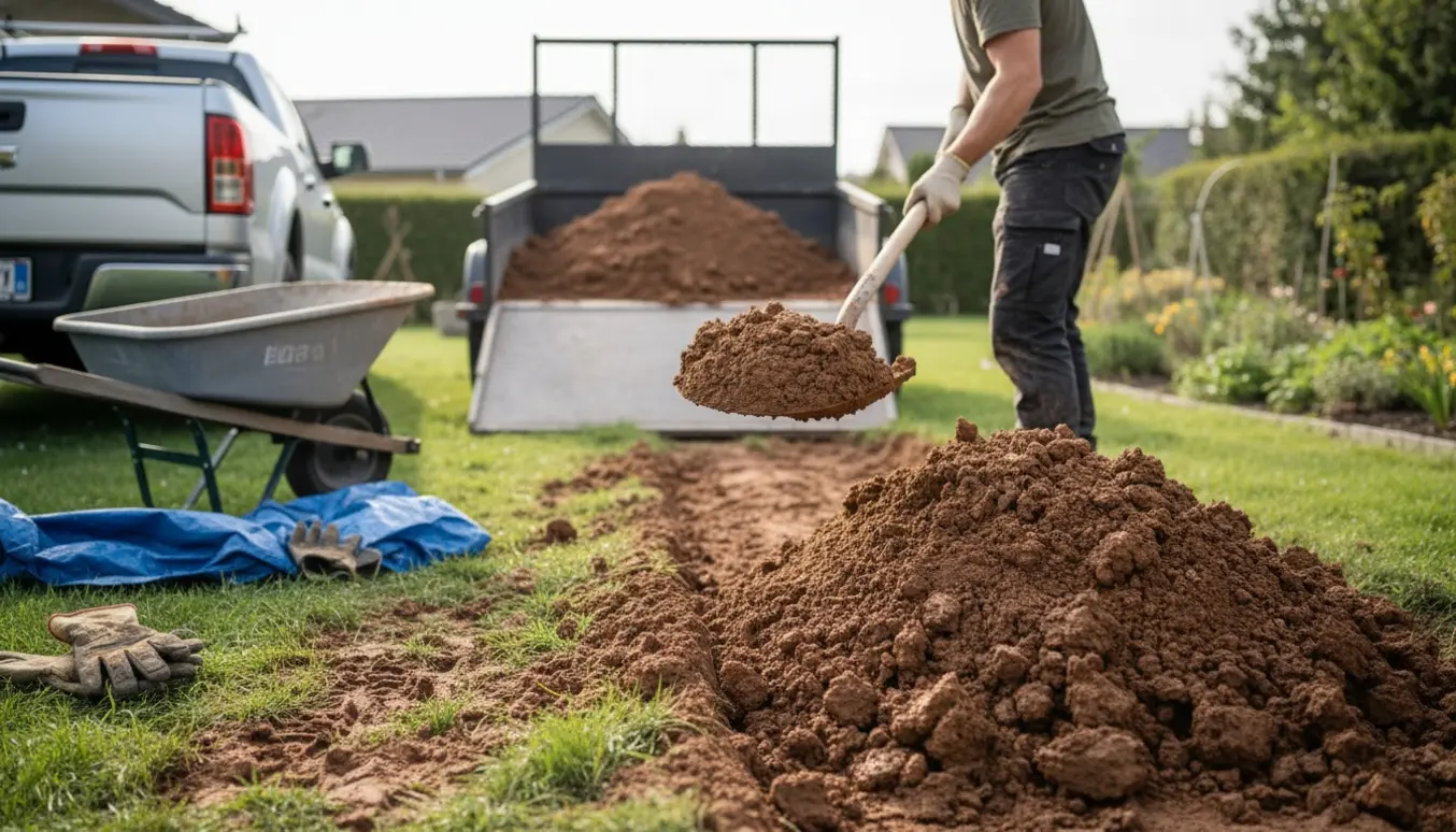 Bunke lerjord i baghaven ved en udgravning, en trailer tæt på og en arbejder skovler jorden på uden synligt ansigt.