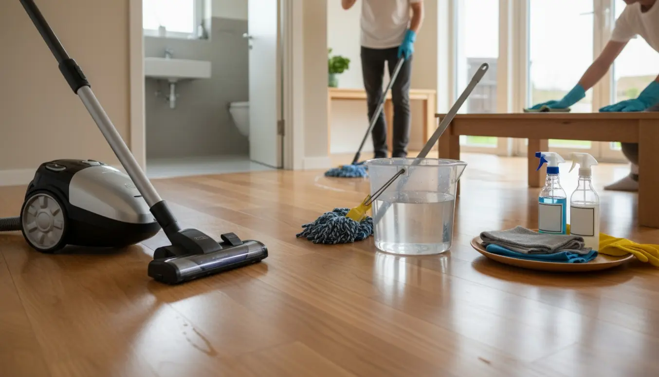 Rengøringsudstyr og handsker i forgrunden mens gulvet moppes og et skinnende badeværelse ses gennem en åben dør.