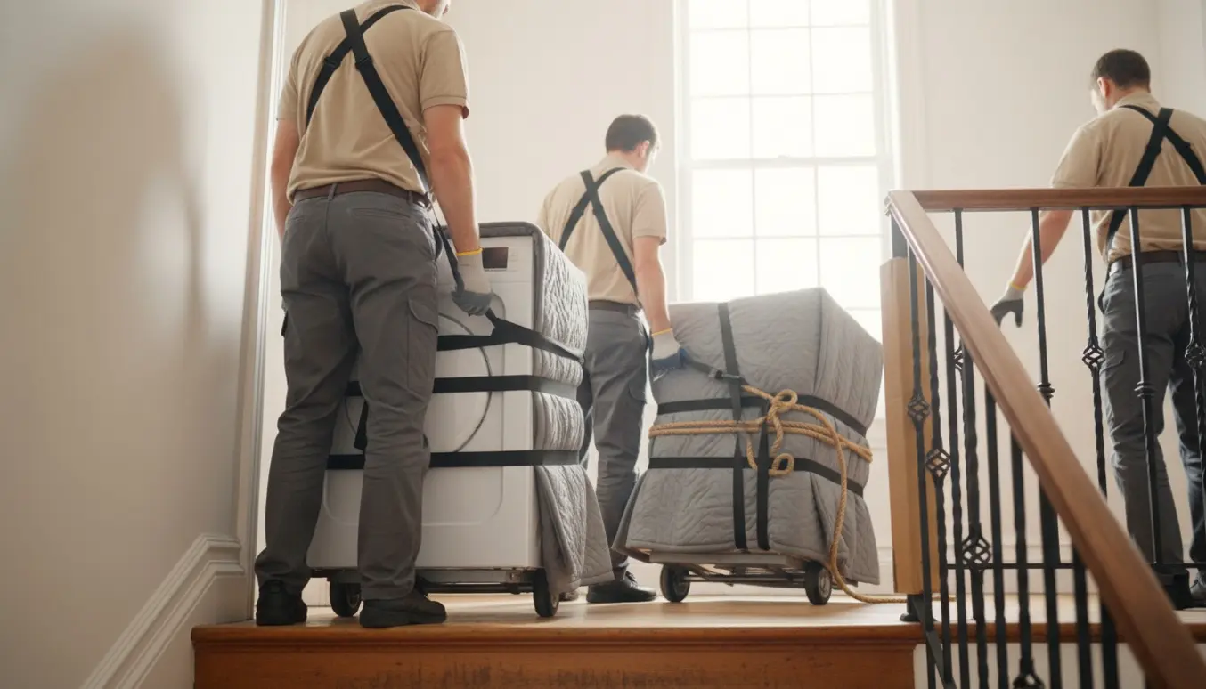 To flyttemænd bærer en tørretumbler op ad trappen, mens en anden sænkes fra en altan med stropper.