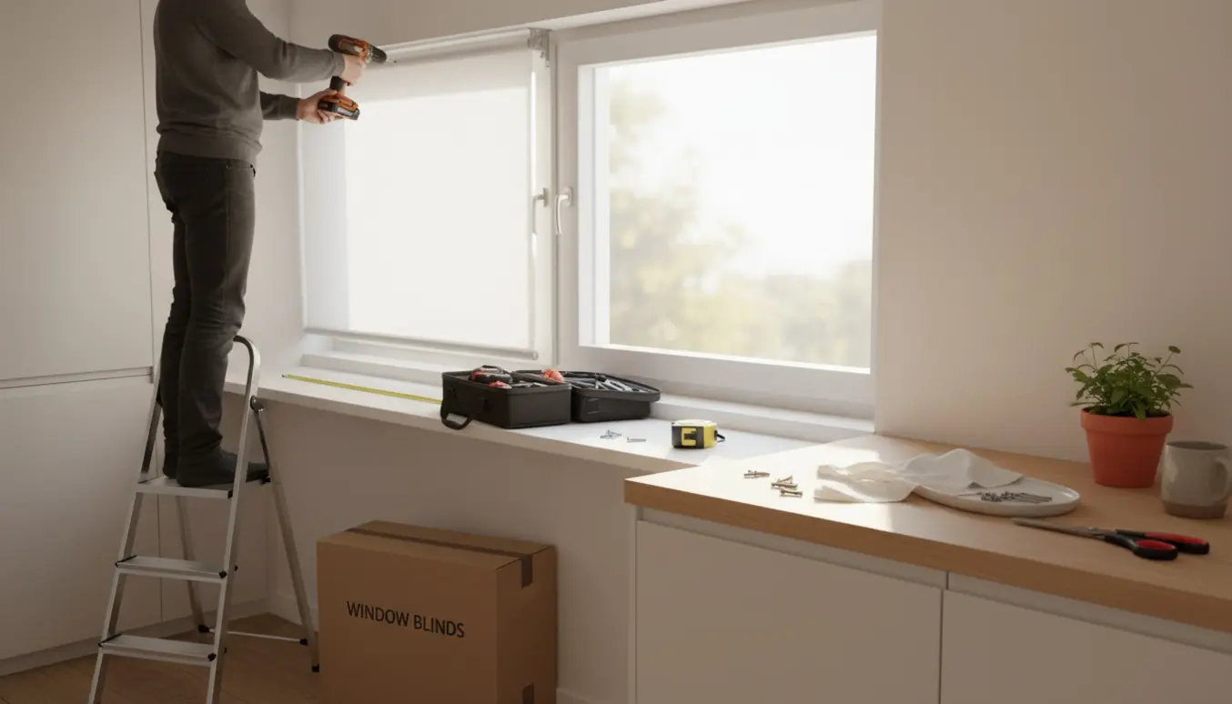 Rullegardin monteres i et lyst, moderne køkken med værktøj på bordet.