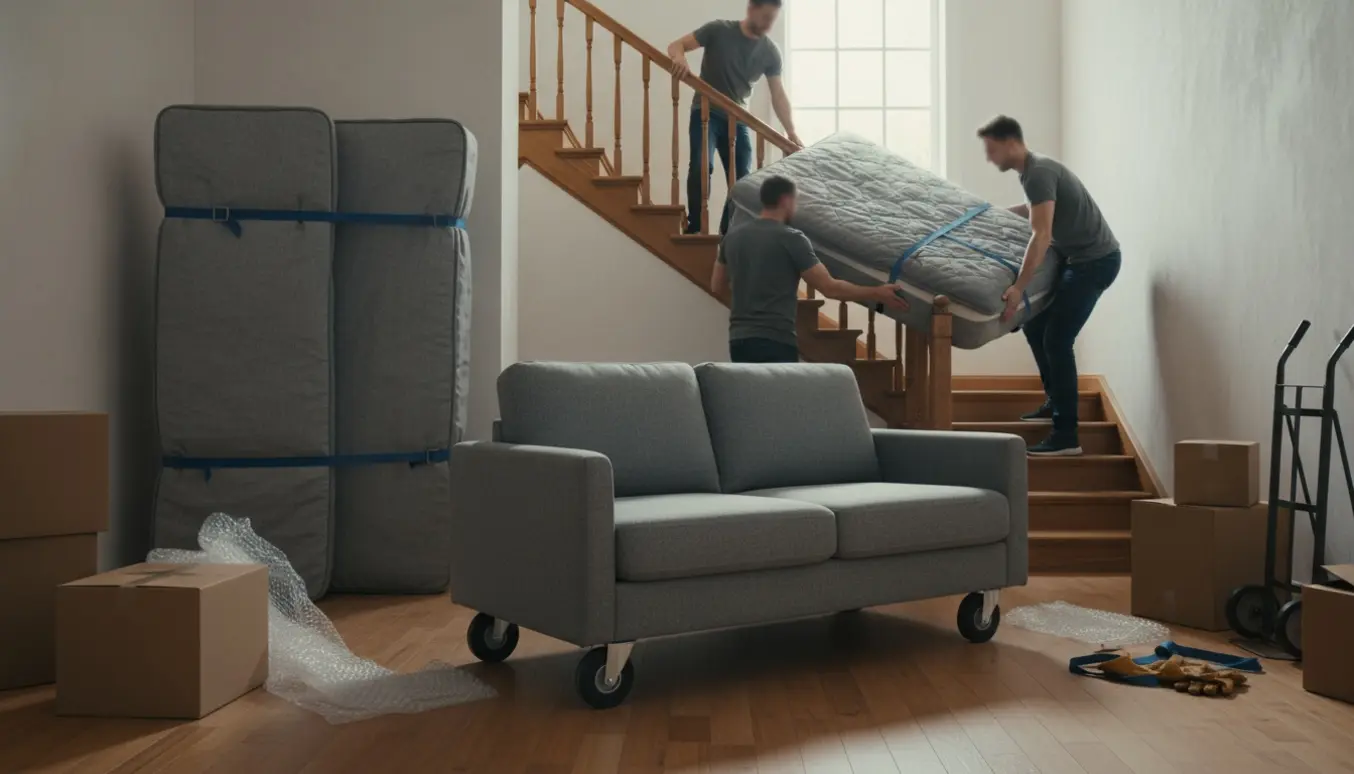 Flyttefolk bærer en seng op ad en trappe med skabe, en sofa og flyttekasser i gangen.