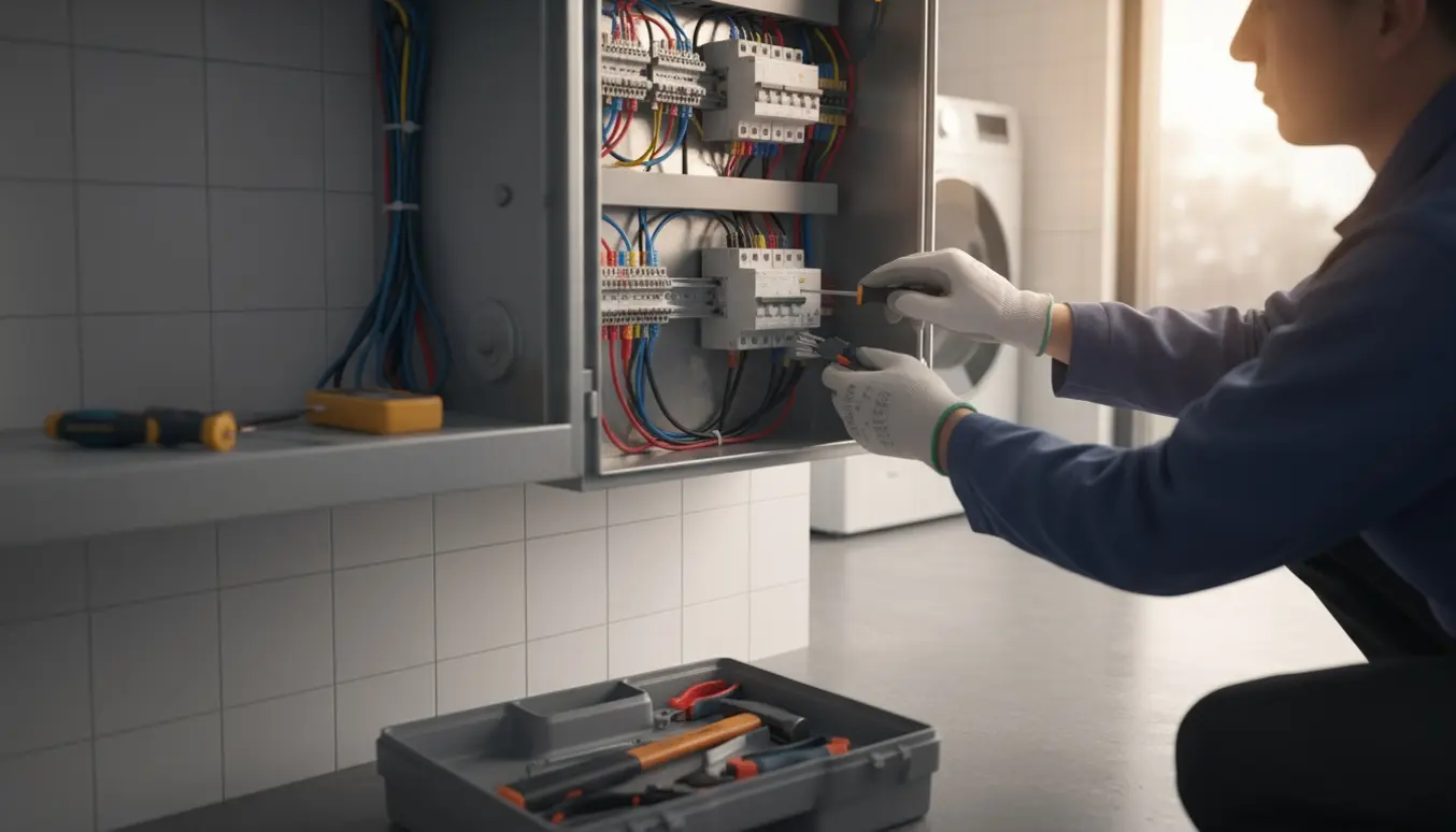 Nærbillede af en elektriker, der udskifter en eltavle i et teknikrum med isolerede værktøjer.