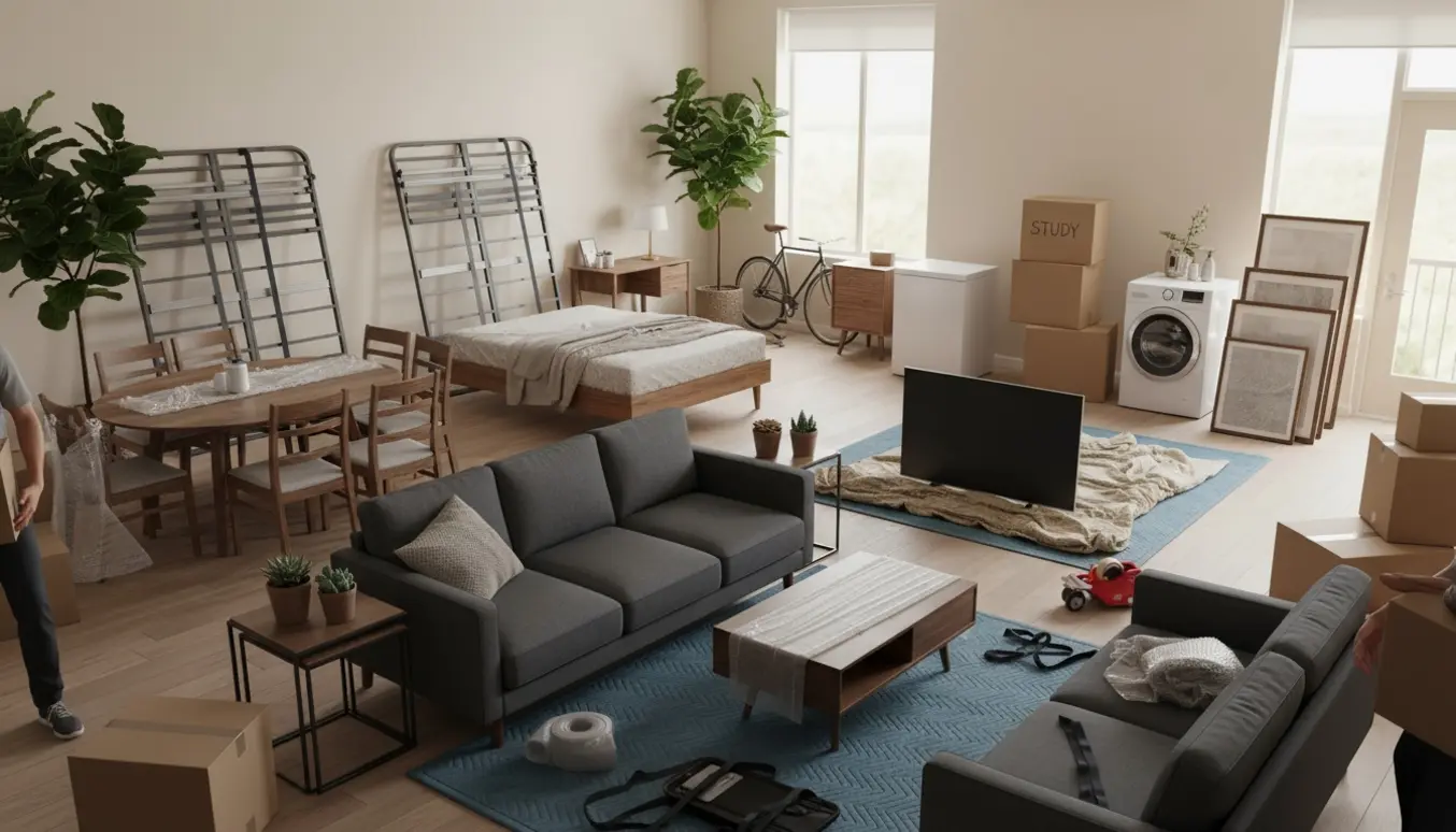 Flyttescene i lys lejlighed med møbler, hvidevarer, cykel, planter og cirka 15 flyttekasser.