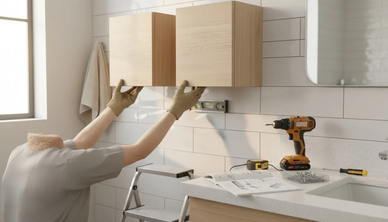 To små badeværelsesskabe monteres på flisevæg med værktøj og vejledning, mens hænder justerer et skab.