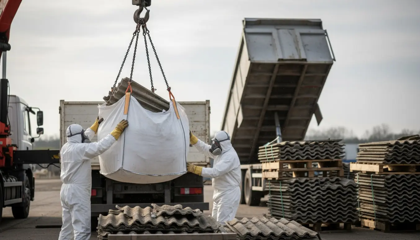 Kran løfter bigbags med udskiftede asbesttagplader ved aflæsning, arbejdere i beskyttelsesdragter guider dem.