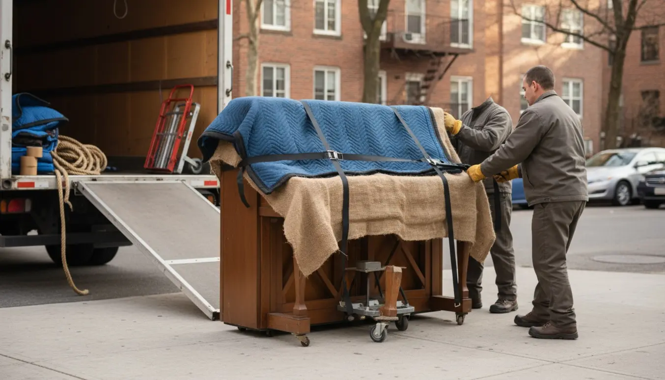 Klaver dækket med flyttetæpper og fastspændt på en lastbil, klar til afhentning til udsmidning.