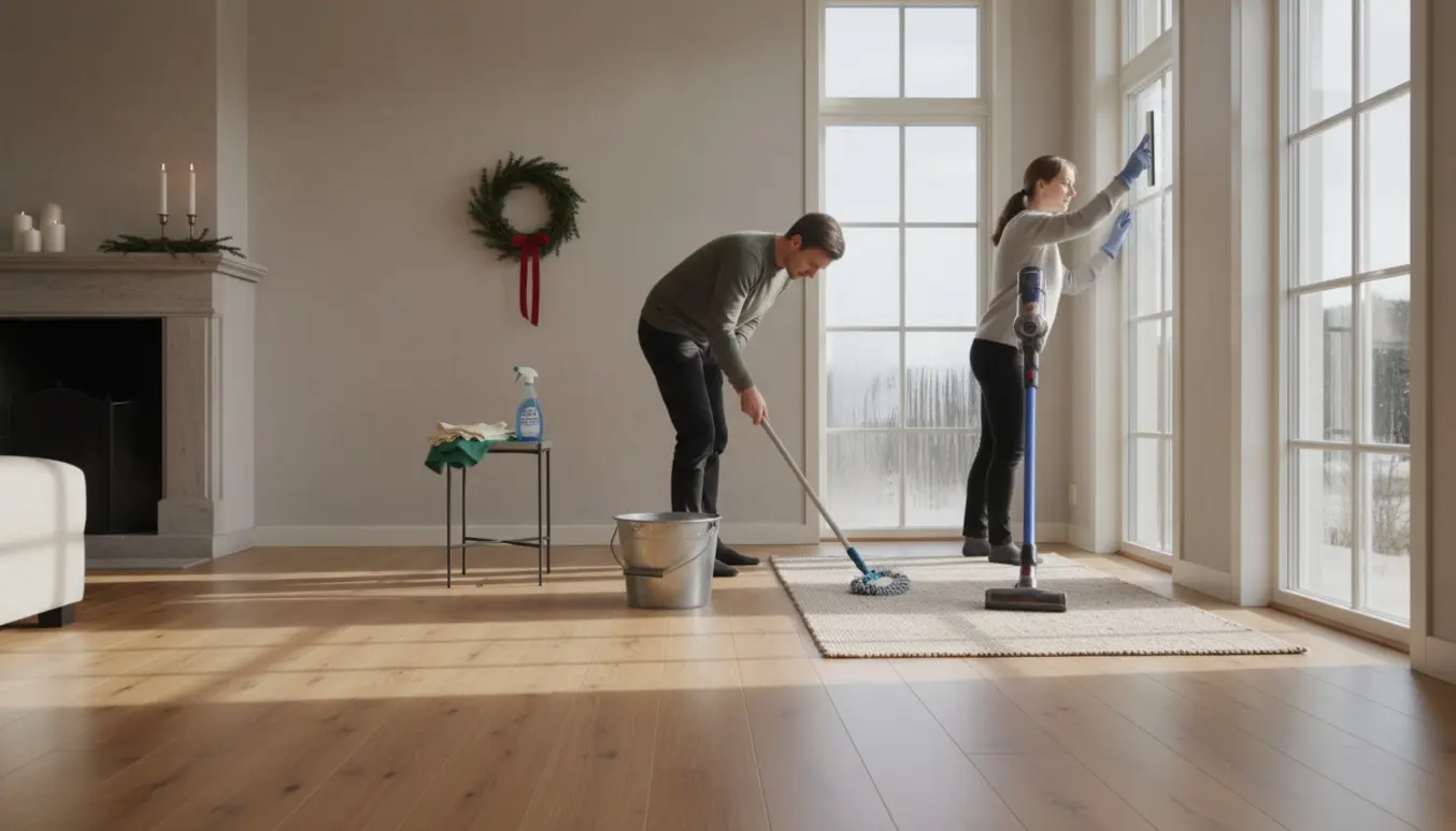 Renoveret villa stue under julerengøring med gulvvask, pudsning af vinduer og støvsugning.