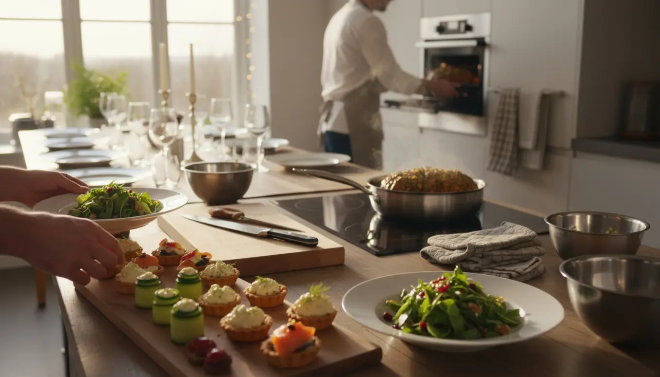 Hænder anretter nytårsforsmagere og hovedret i et køkken, klar til mange gæster.