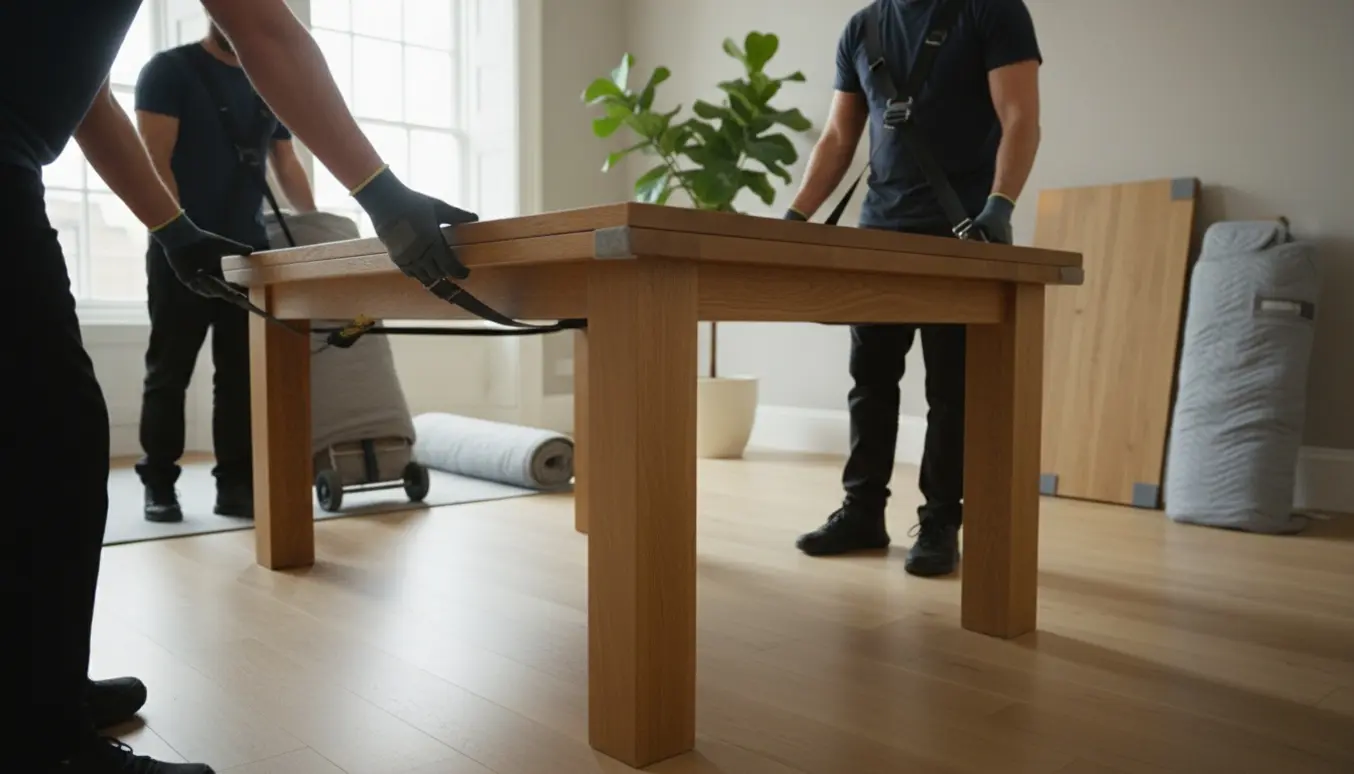 Flyttefolk bærer et stort træspisebord ind i en lys stue med højt til loftet, mens to tillægsplader er pakket ved siden af.