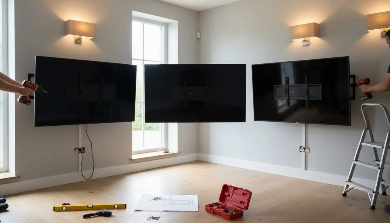 Tre vægmonterede fjernsyn og to væglamper under installation i en moderne stue.