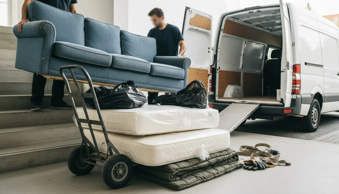 To personer bærer en 3-personers sofa og poser med madrasser ned ad en trappe for at læsse dem i en varebil.