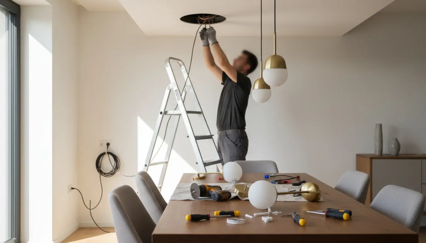 Hænder trækker el-kabel fra væg op i et gipsloft for at montere to lamper over et spisebord.
