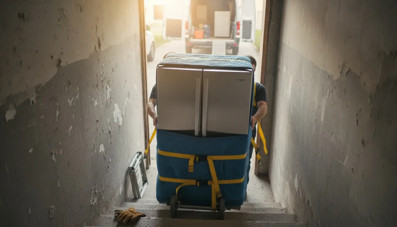 Flyttemænd bærer et stort amerikansk køleskab op ad en kældertrappe mod en ventende varevogn.