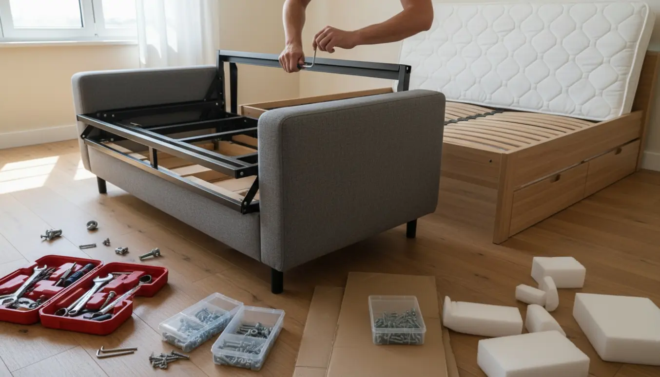 Hænder samler en sovesofa og en dobbelt seng i en solfyldt stue med værktøj og sengekomponenter omkring.