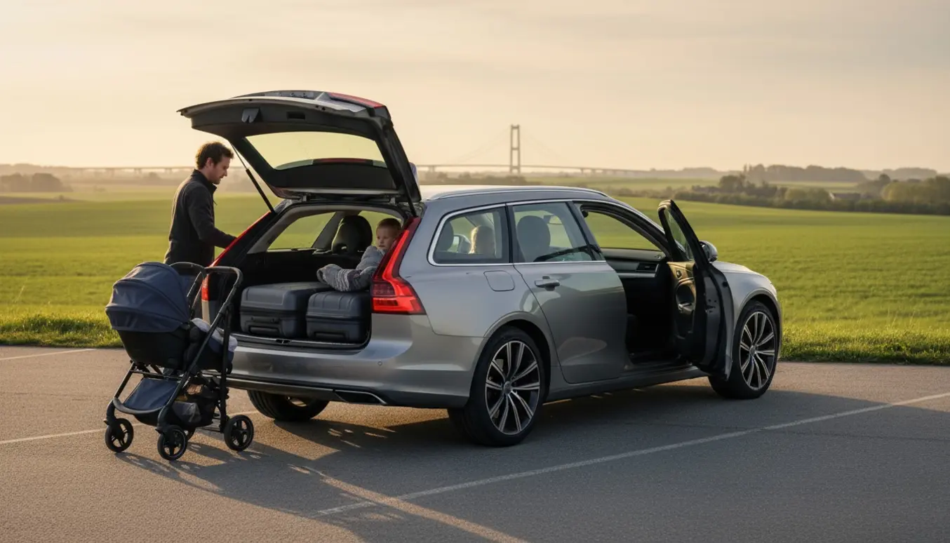 Familiebil ved rasteplads med åben bagagerum, kufferter, klapvogn og børnesæde med udsigt til Storebæltsbroen.