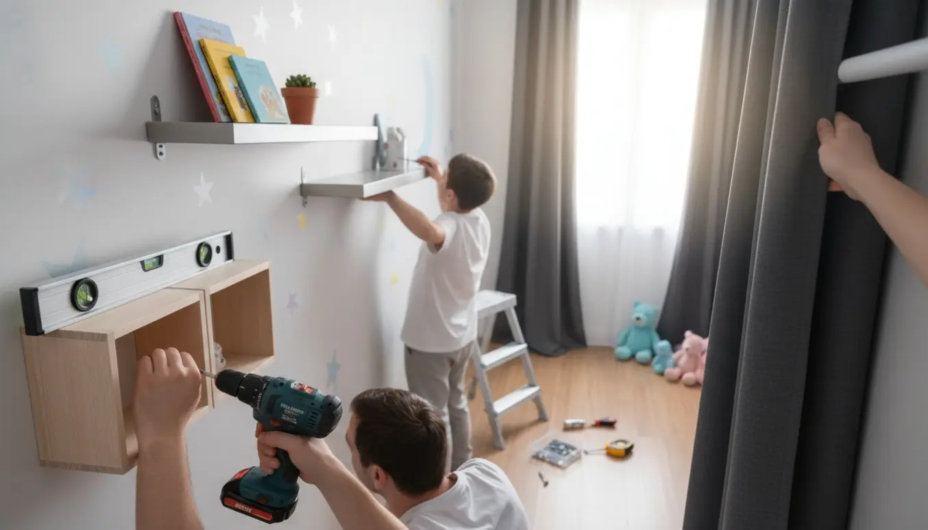 Hænder monterer små reoler og en mellemstor aluminiums hylde, mens et mørklægningsgardin hænges op i et børneværelse.