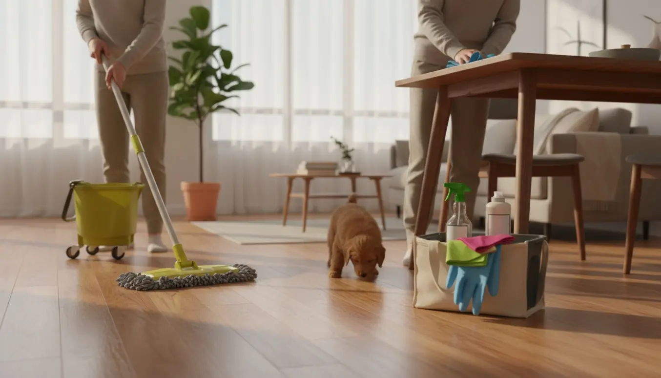 Rengøringsperson mopper trægulv og tørrer overflader i en solfyldt lejlighed, mens en lille hvalp snuser i nærheden.