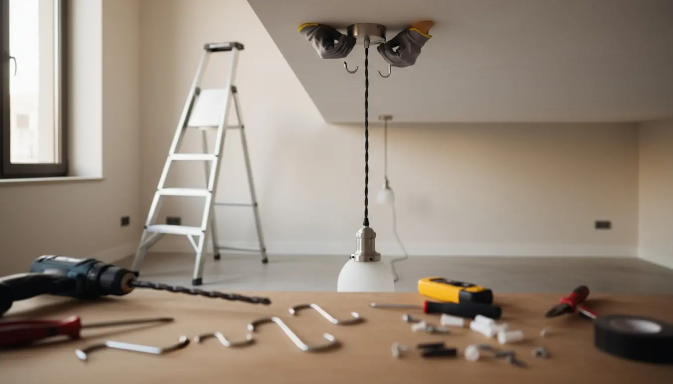 Stige og værktøj under en høj loftlampe, hænder monterer en ophængskrog.