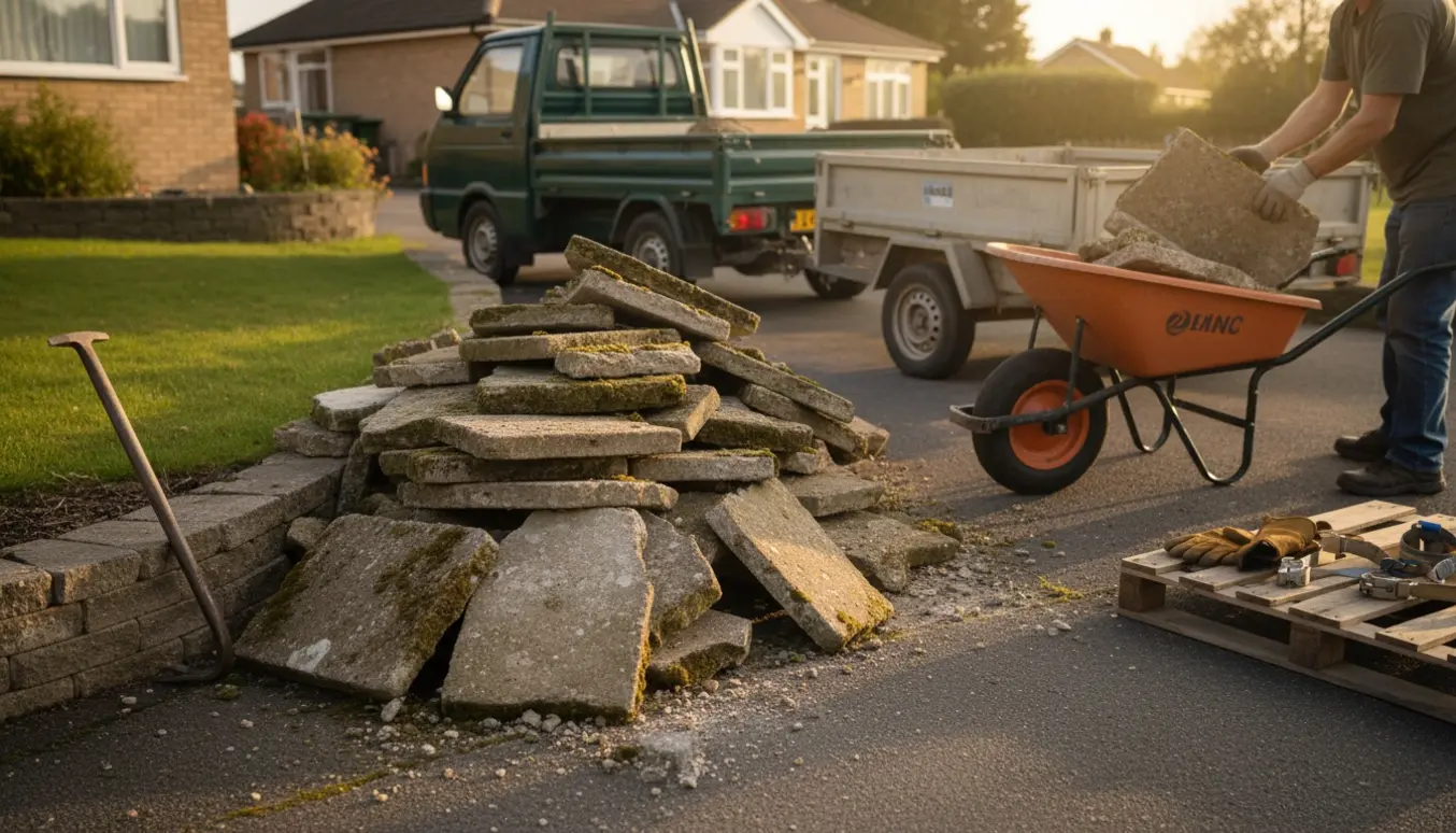 Stor bunke gamle betonfliser ved vejkanten i en forhave klar til afhentning med trailer og arbejdshænder i baggrunden.