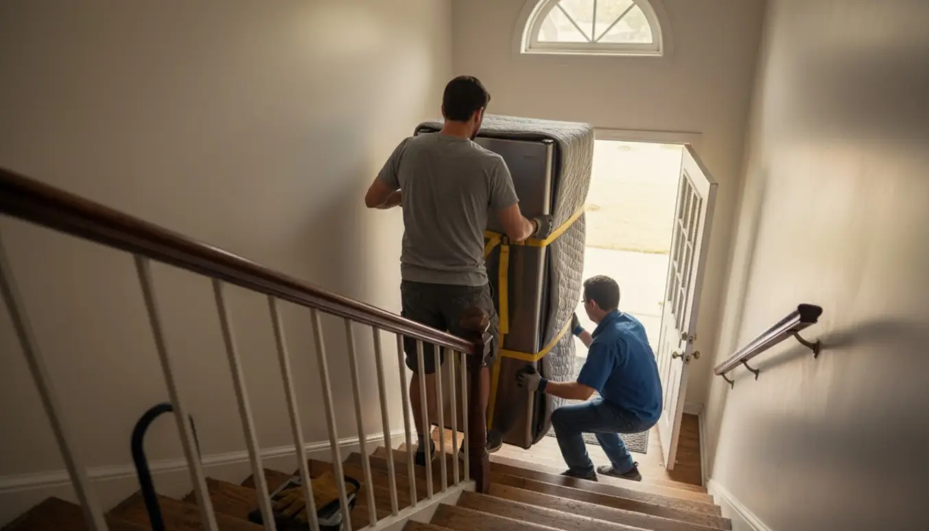 To flyttefolk bærer et køleskab ned ad en trappe mod hoveddøren, ansigter ikke synlige.