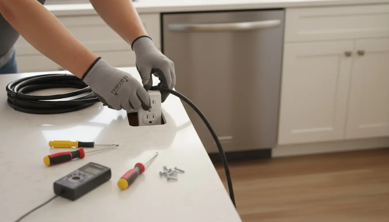 Nærbillede af hænder, der monterer en ny stikkontakt i et køkken med kabel og værktøj.
