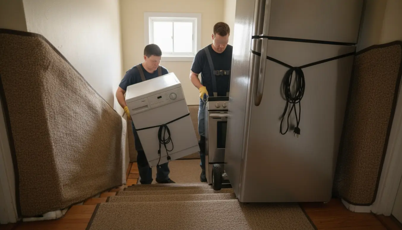 Flyttefolk bærer vaskemaskine og køle/fryseskab ned ad trappe med beskyttelsestæpper og flytteudstyr.