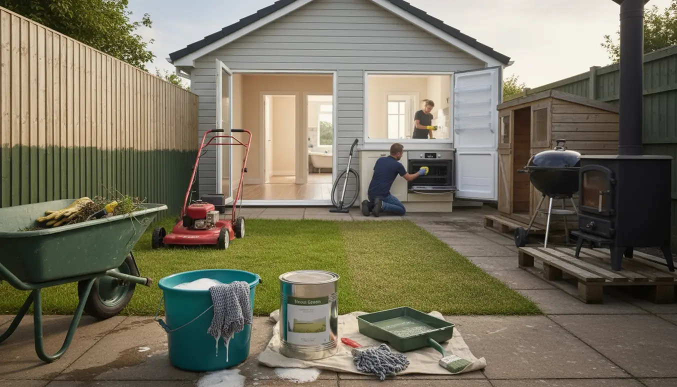 Tomt hus og have med rengøringsredskaber, nymalet hegn, en gammel skubbet græsslåmaskine og udstyr klar til fjernelse.