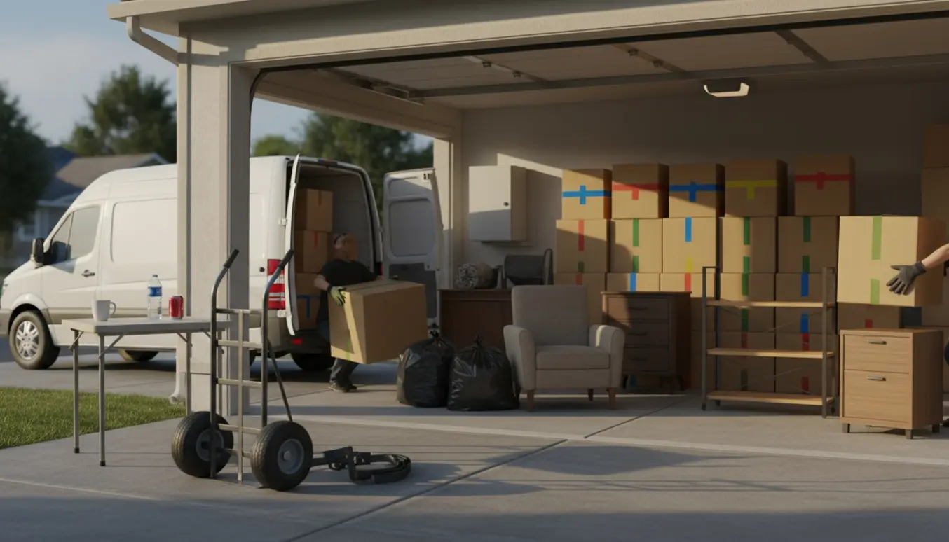 Varevogn parkeret ved en garage med pakket skrald, kasser og små møbler klar til afhentning og en kop kaffe på et bord.