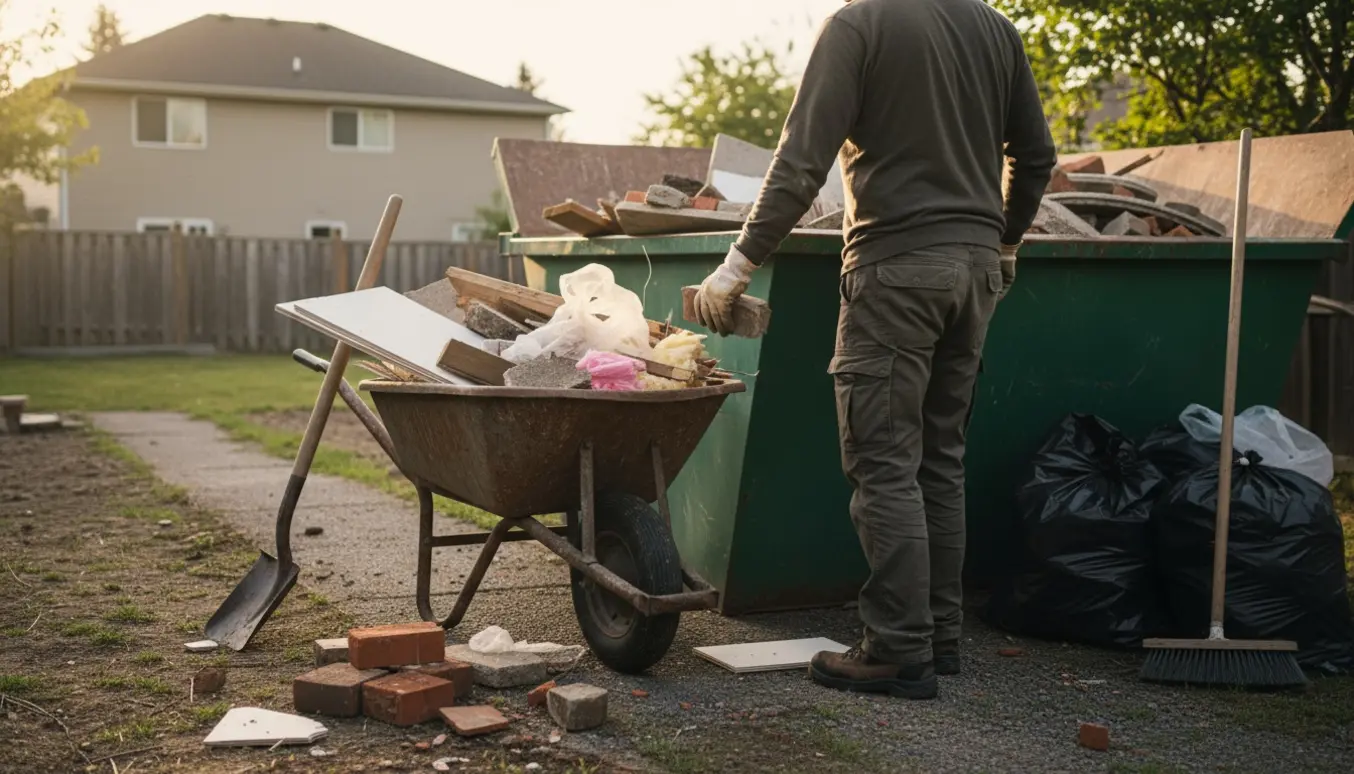 Anonym person fylder trillebør og container med byggeaffald i en baghave.