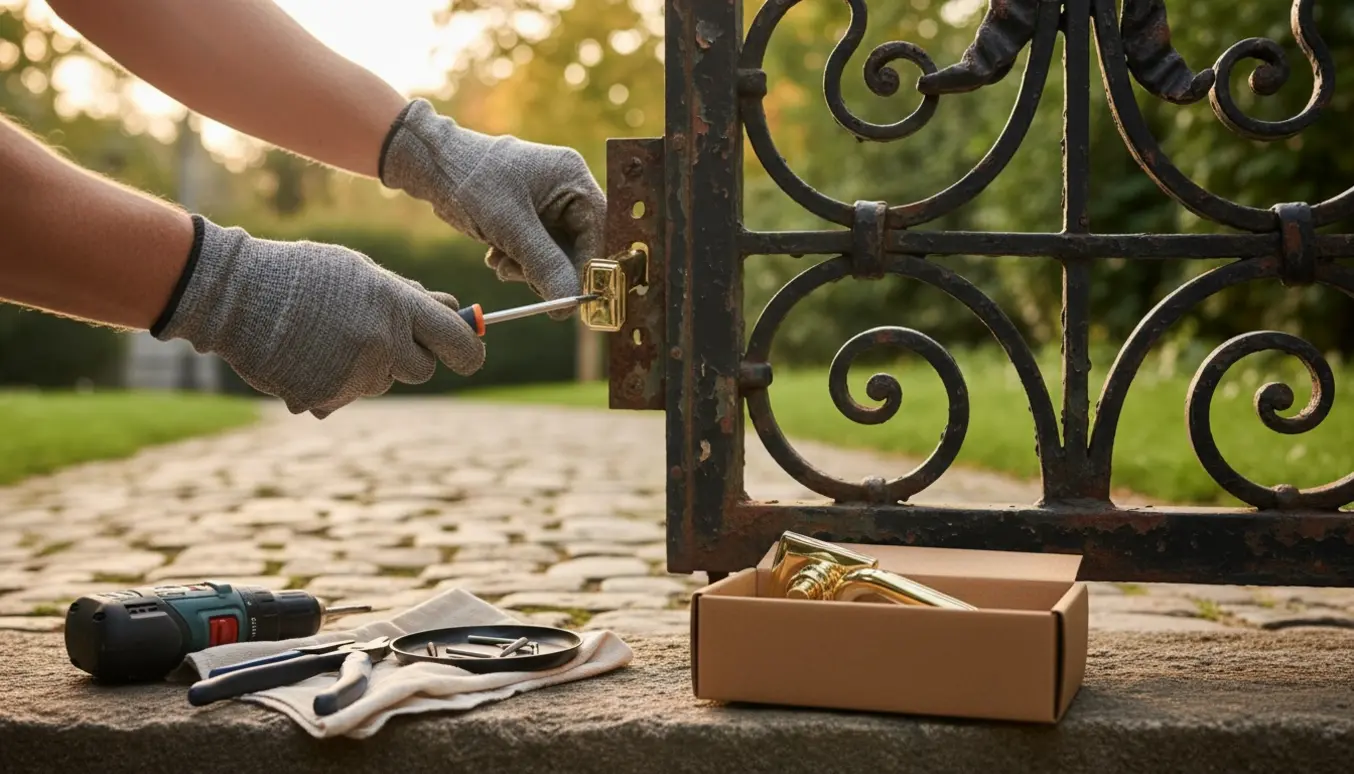 Nærbillede af hænder, der monterer et nyt dørhåndtag på en udendørs smedejernslåge.