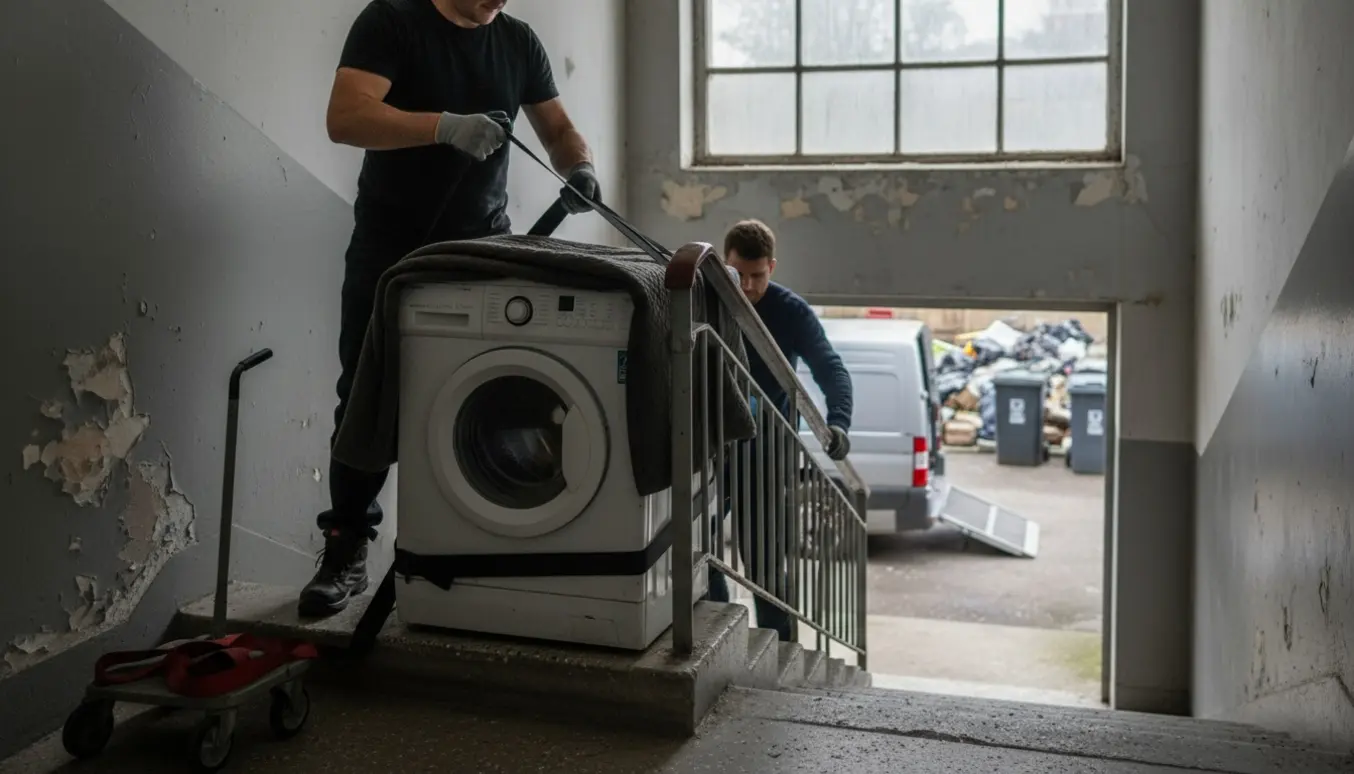 To personer bærer en vaskemaskine ned ad en trappe med flyttetæpper og en varevogn i baggrunden.