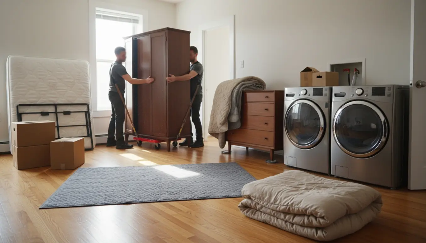 To personer bærer et stort klædeskab ind i en lys lejlighed med vaskemaskine, tørretumbler, kommoder og en madras pakket til indbæring.