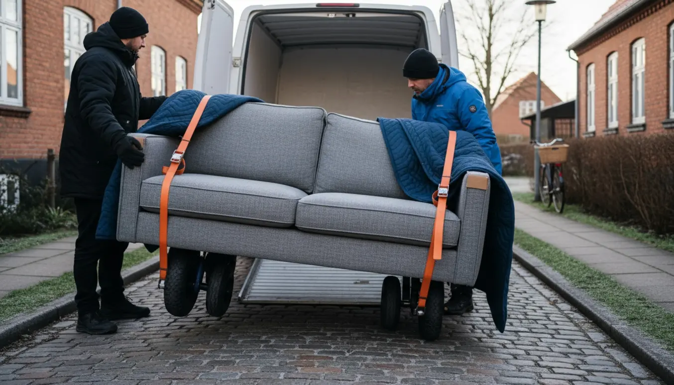 En sofa bliver læsset ind i en varebil på en kold vintermorgen i Odense, mens to personer arbejder med dolly og flyttetæpper.