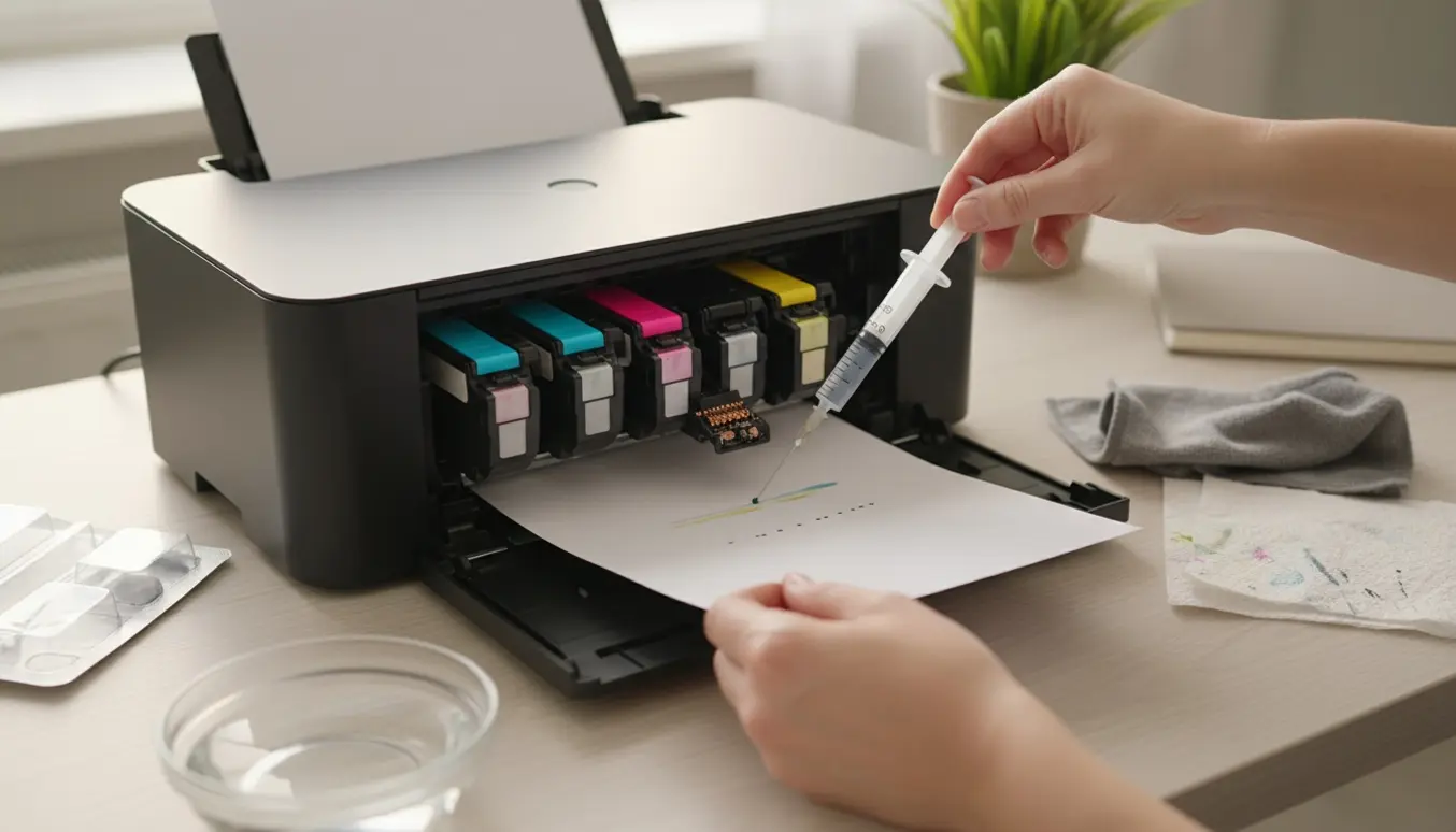 Åben printer på skrivebord med næsten blankt udskrevet ark, udskiftede blækpatroner og rengøringsredskaber.